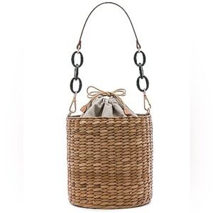 Kayu Colette 100% Straw Bucket Bag Drawstrings Closure in Dark  Green Resin Ring